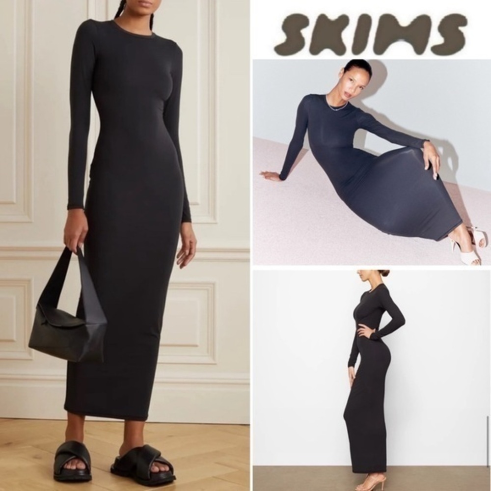 SKIMS Black Fits Everyone Crewneck Long Sleeve Maxi Dress sz S